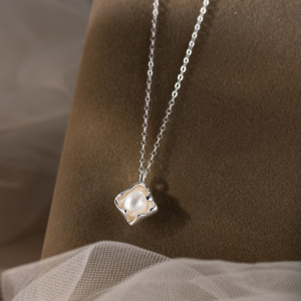 A44533 s925 silver trendy sweet unique simple square pearl necklace
