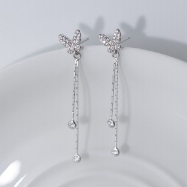 A41518 s925 sterling silver trendy rhinestone butterfly fringe string sweet elegant earrings