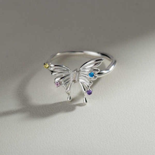 A43874 s925 sterling silver trendy sweet rhinestone butterfly ring