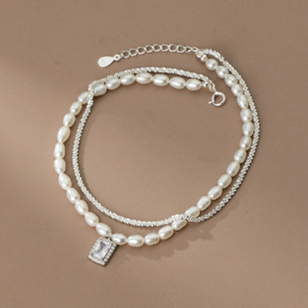 A34283 s925 sterling silver doublelayer sparkling square pendant pearl anklet trendy chic bracelet