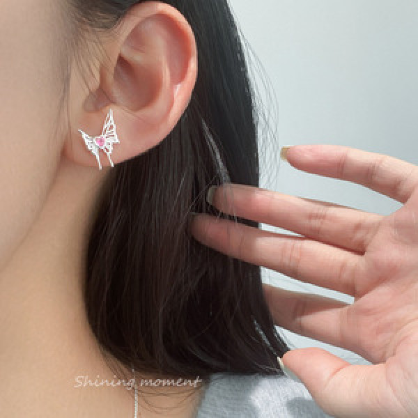 A46308 s925 sterling silver pink rhinestone hollowed butterfly stud earrings