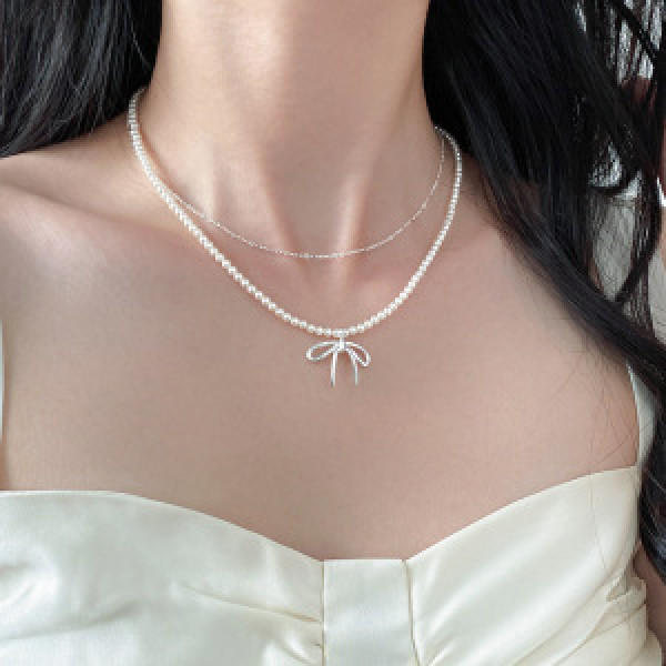 A46210 s925 silver sweet dainty double layered butterfly necklace