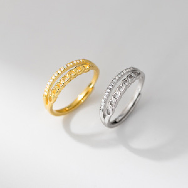 A45285 s925 sterling silver trendy sweet rhinestone double layer chain bar ring