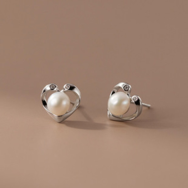 A39643 s925 sterling silver pearl heart stud unique trendy cute earrings