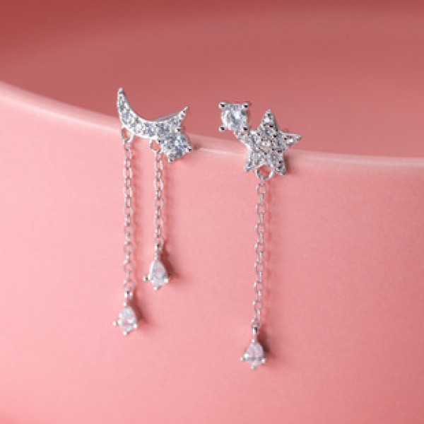 A39811 s925 sterling silver sparkling rhinestone stars moon fringe earrings