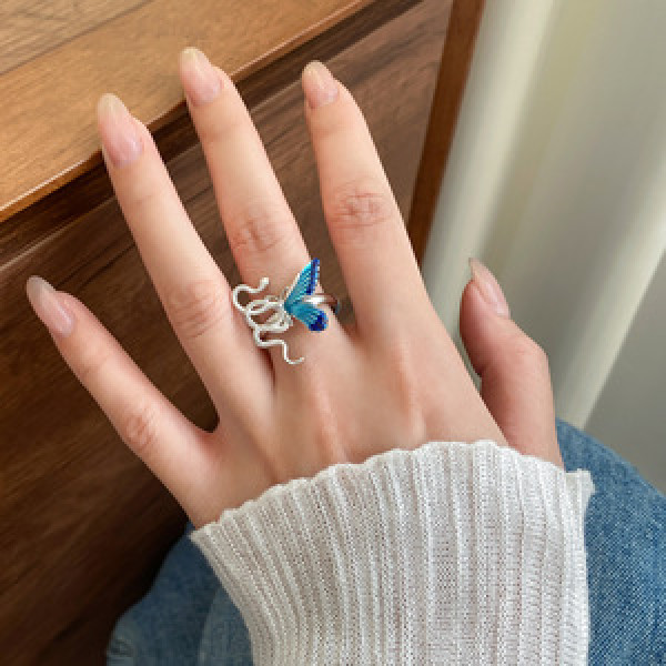 A45833 s925 sterling silver trendy sweet dainty symmetric enamel butterfly ring