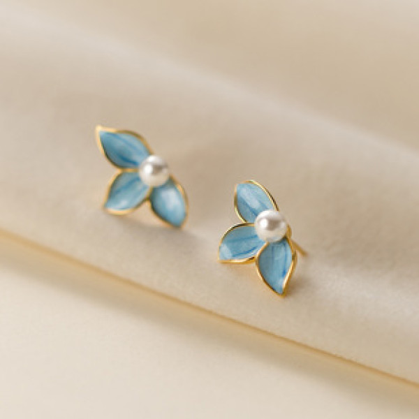 A40452 s925 silver artificial pearl blue stud sweet unique earrings