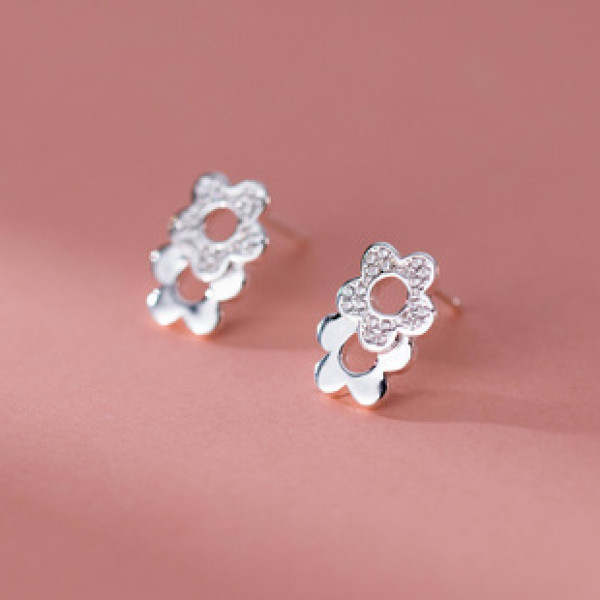 A41314 s925 sterling silver trendy rhinestone flower hollowed stud earrings