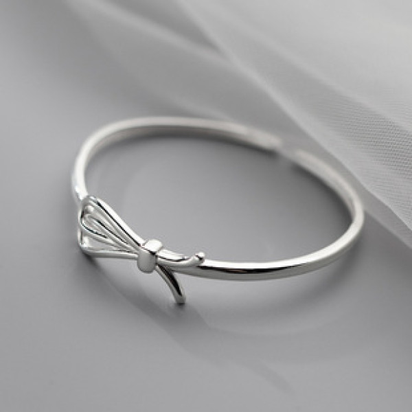 A34252 s925 sterling silver trendy simple bow bar chic adjustable bangle bracelet