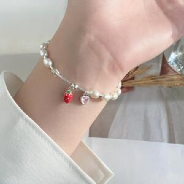 A46328 s925 silver sweet strawberry pink rhinestone heart natural pearl charm bracelet
