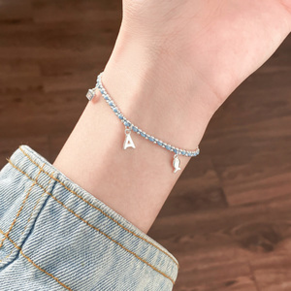 A45554 s925 silver trendy initial bangle sweet dainty rhinestone blue charm bracelet