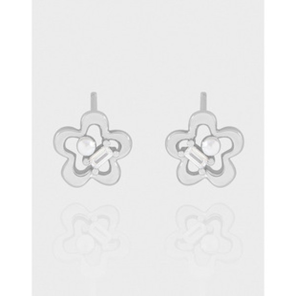 A43267 design flower cubic zirconia pearl stud sterling silver s925 earrings