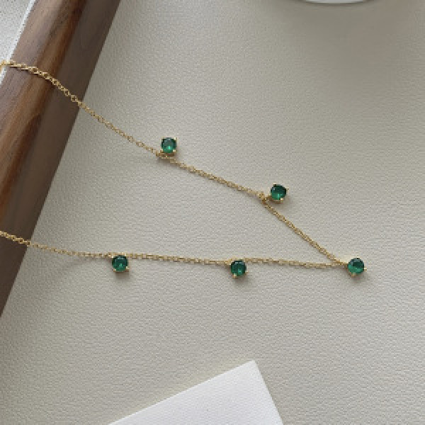 A43895 s925 sterling silver vintage green cubic zirconia simple fashion necklace
