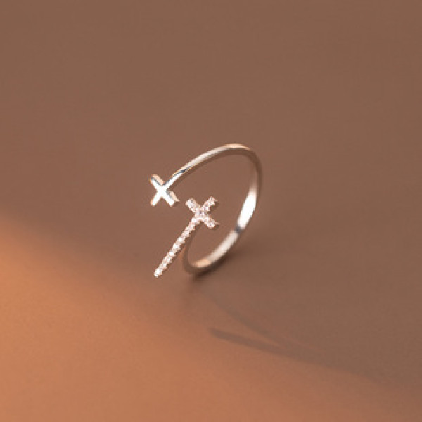 A35084 s925 sterling silver rhinestone cross adjustable ring