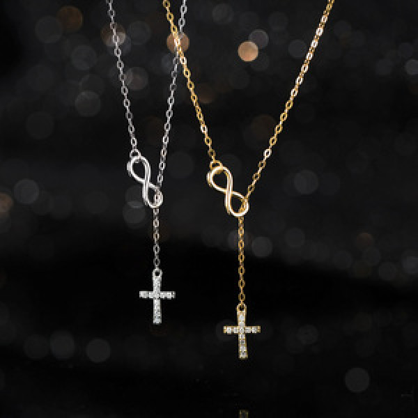 A44162 s925 silver trendy sweet rhinestone cross infinity necklace