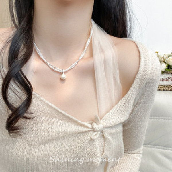 A42404 s925 sterling silver double layered pearl fashion necklace