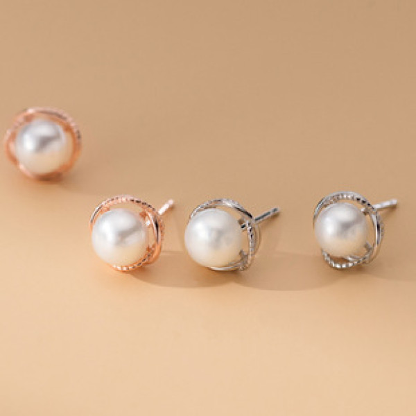 A41536 s925 sterling silver vintage floral pearl stud design earrings