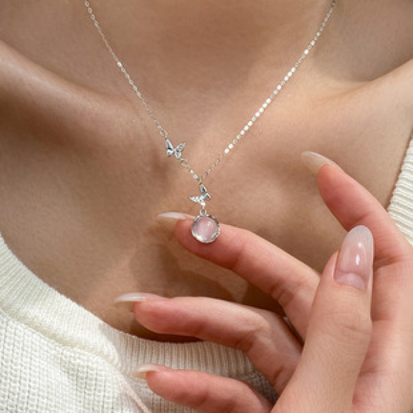 A42754 s925 sterling silver trendy sweet hollowed butterfly agate elegant necklace