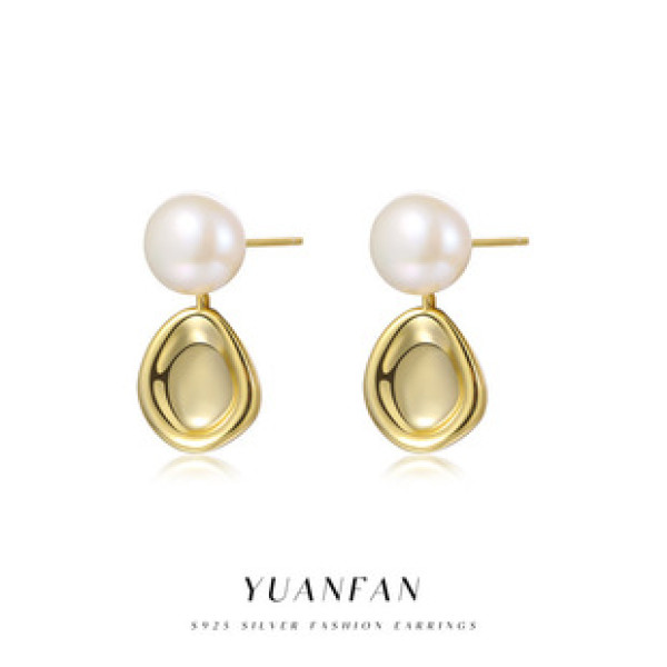 A41638 s925 sterling silver fresh water pearl gold metal teardrop earrings