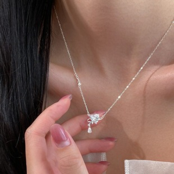 A43433 s925 sterling silver sweet rhinestone heart pendant trendy necklace