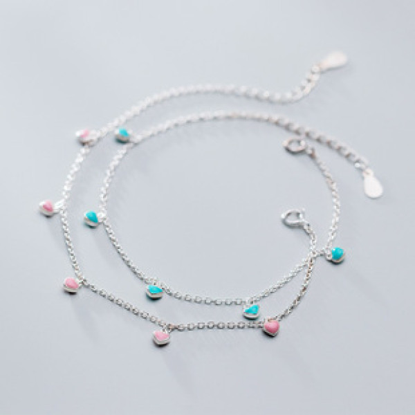 A40567 s925 silver charm simple pink green heart sweet bracelet
