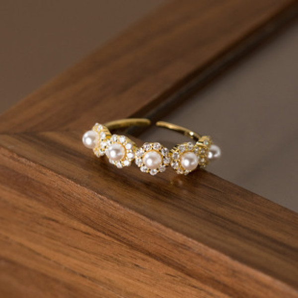 A38322 s925 sterling silver rhinestone flower artificial pearl grade elegant ring