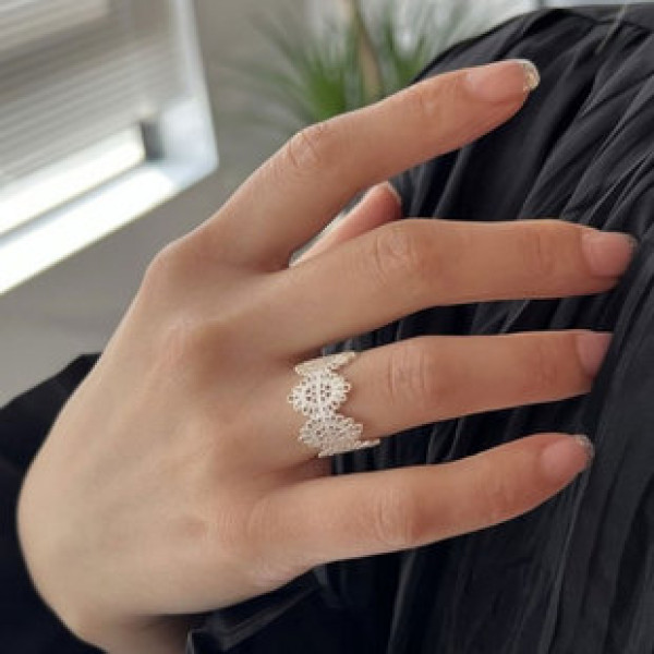 A41487 s925 silver wide hollowed lace adjustable ring