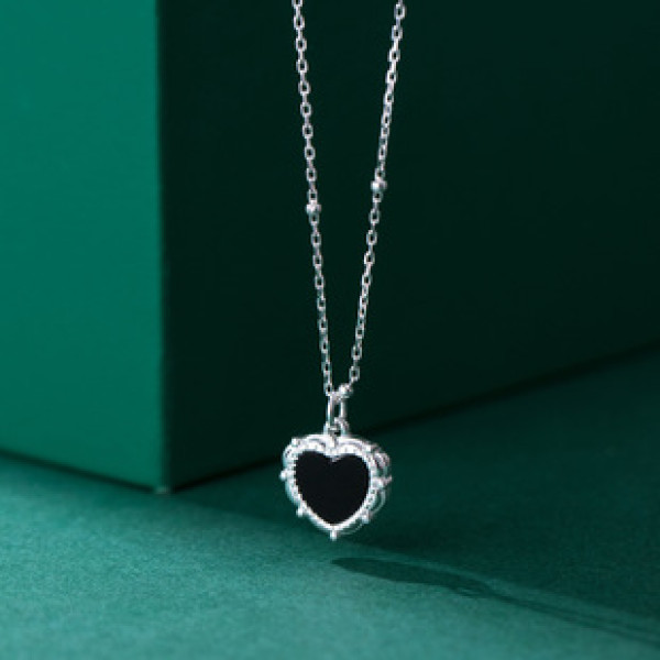 A37525 s925 sterling silver black rhinestone heart design elegant necklace