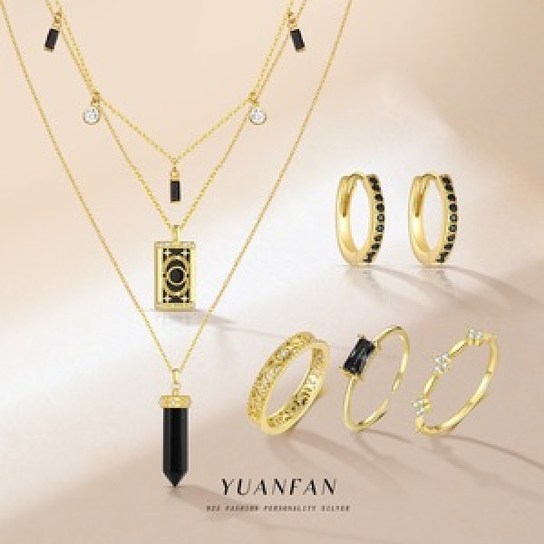A46349 s925 sterling silver pendant set black cubic zirconia ring earrings necklace set