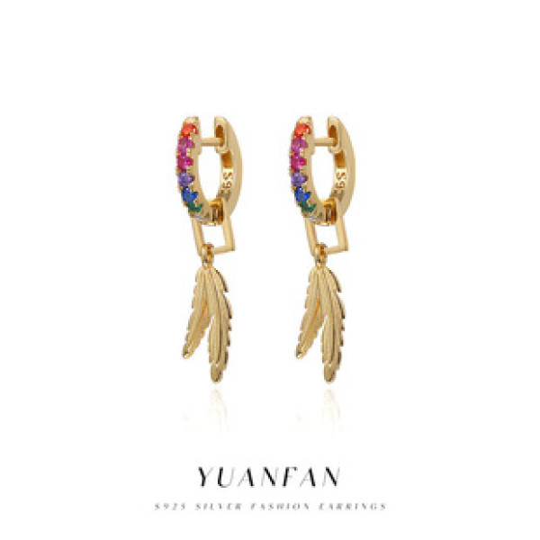 A41633 s925 sterling silver fringe unique feather colorful cubic zirconia earrings