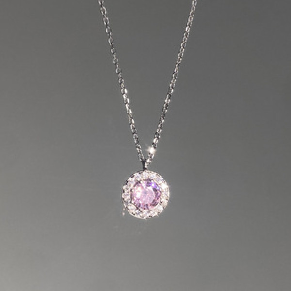 A39766 s925 silver simple sparkling rhinestone trendy pink circle necklace
