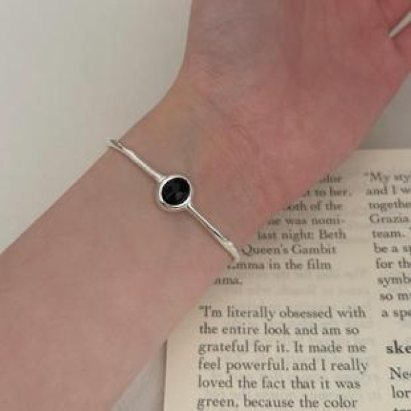 A41684 s925 sterling silver black agate adjustable simple geometric bar bangle bracelet
