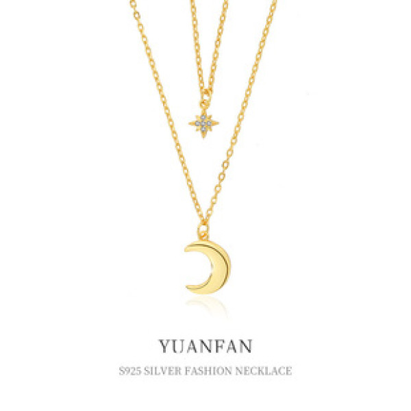 A38635 sterling silver double doublelayer layered moon cubic zirconia necklace