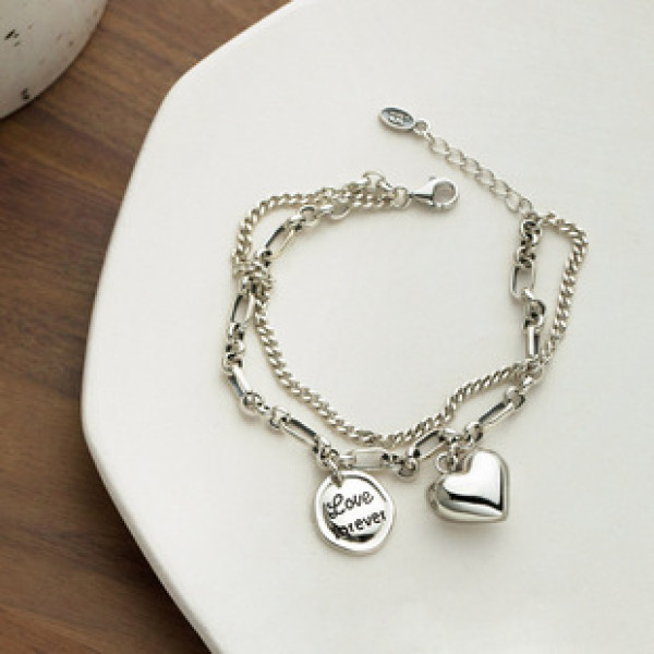 A41308 s925 silver fashion double layered thai heart letter elegant charm bracelet