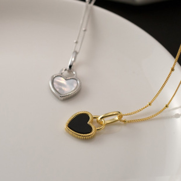 A43440 s925 sterling silver vintage black white heart fashion necklace