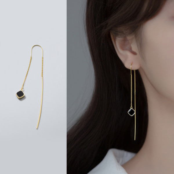 A44427 s925 silver simple elegant black square string long earrings