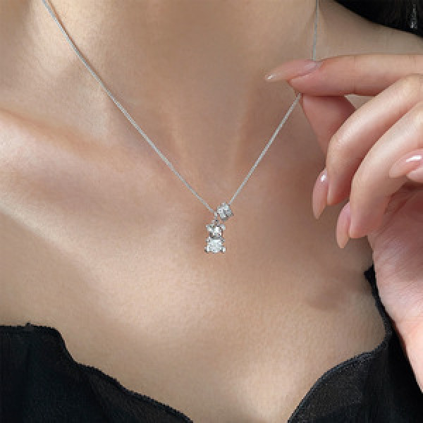 A45995 s925 silver dainty simple elegant rhinestone bear circle necklace