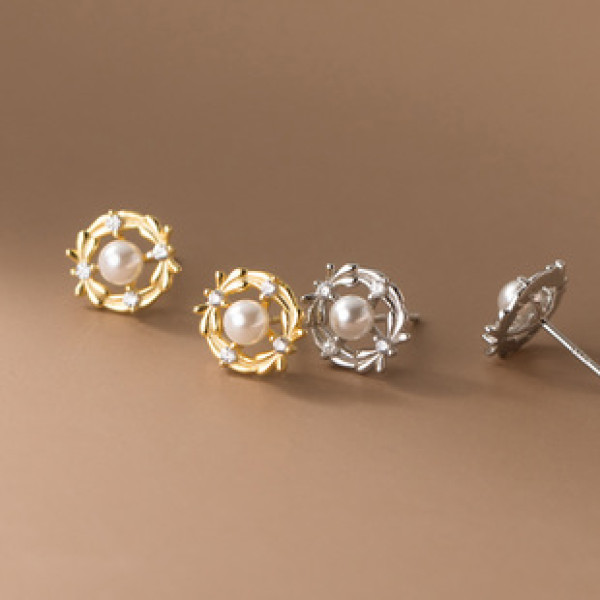 A37915 s925 sterling silver artificial pearl rhinestone circle earrings