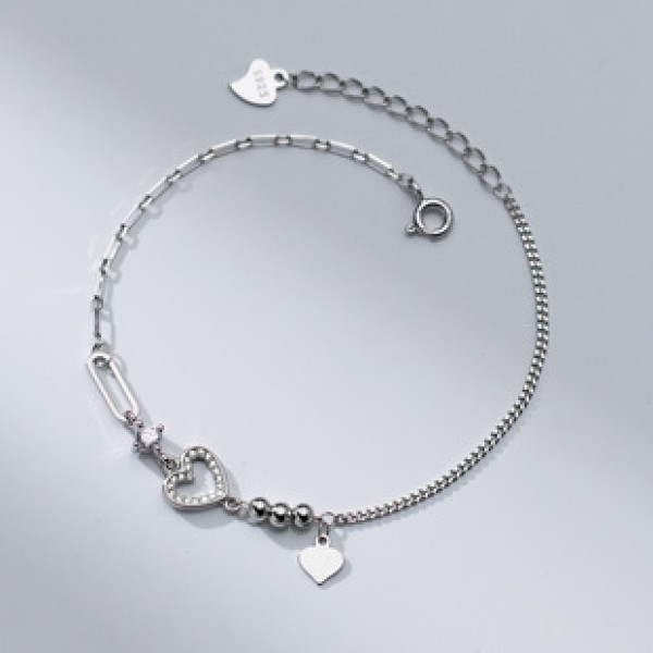 A42473 s925 sterling silver rhinestone hollowed heart charm sweet bracelet