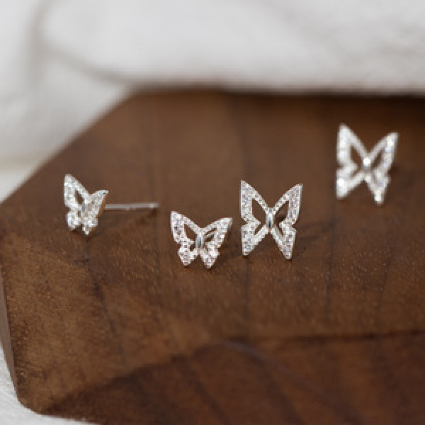 A44966 s925 sterling silver sweet rhinestone hollowed butterfly stud earrings