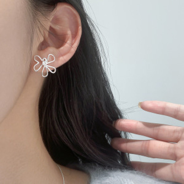 A46279 s925 sterling silver rhinestone hollowed flower heart stud earrings