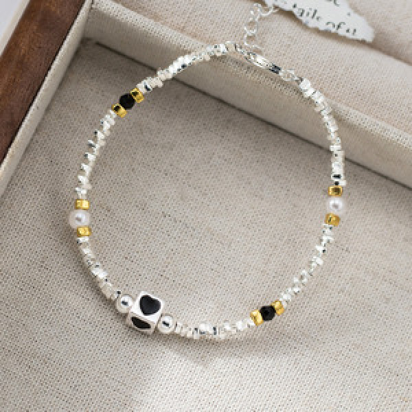 A45965 s925 silver dainty simple black heart square charm bracelet