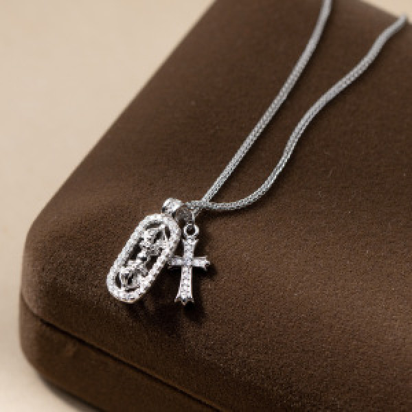 A44410 s925 silver trendy sweet rhinestone oval gold cross necklace