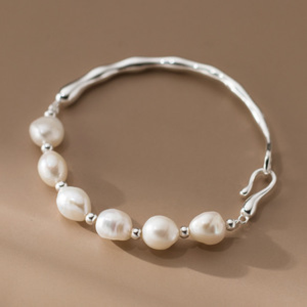 A45565 s925 silver fresh water pearl charm sweet dainty bangle bracelet