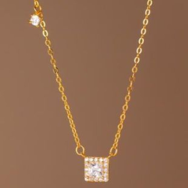 A40188 s925 silver simple elegant square rhinestone geometric necklace