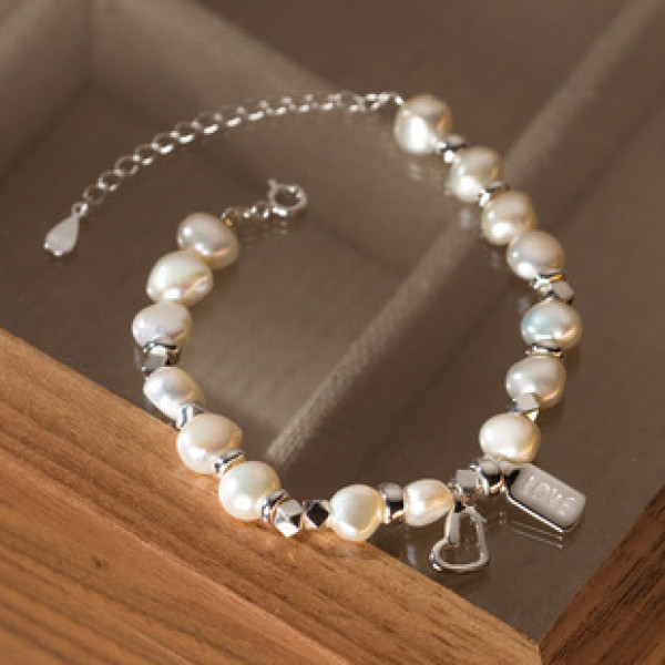A39111 s925 sterling silver pearl heart charm bracelet