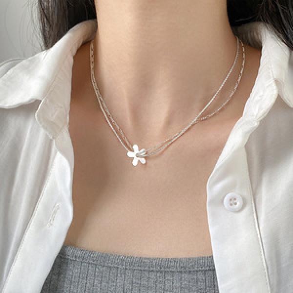 A45781 s925 silver trendy sweet dainty double layered flower necklace