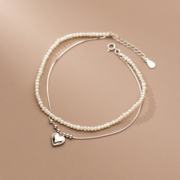 A34210 s925 sterling silver doublelayer pearl heart anklet trendy chic bracelet