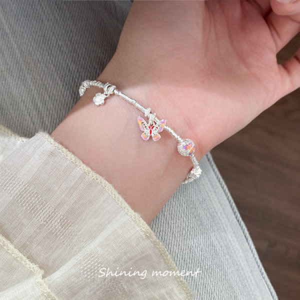 A45934 s925 silver colorful butterfly flower ball charm bracelet