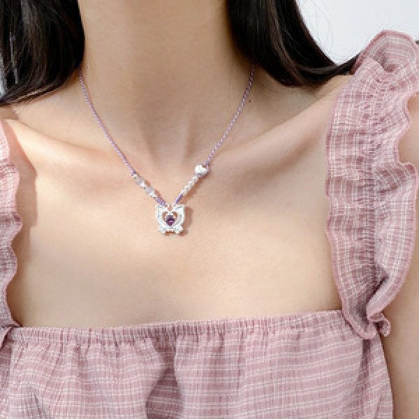 A46015 silver purple rhinestone heart cateye rope necklace